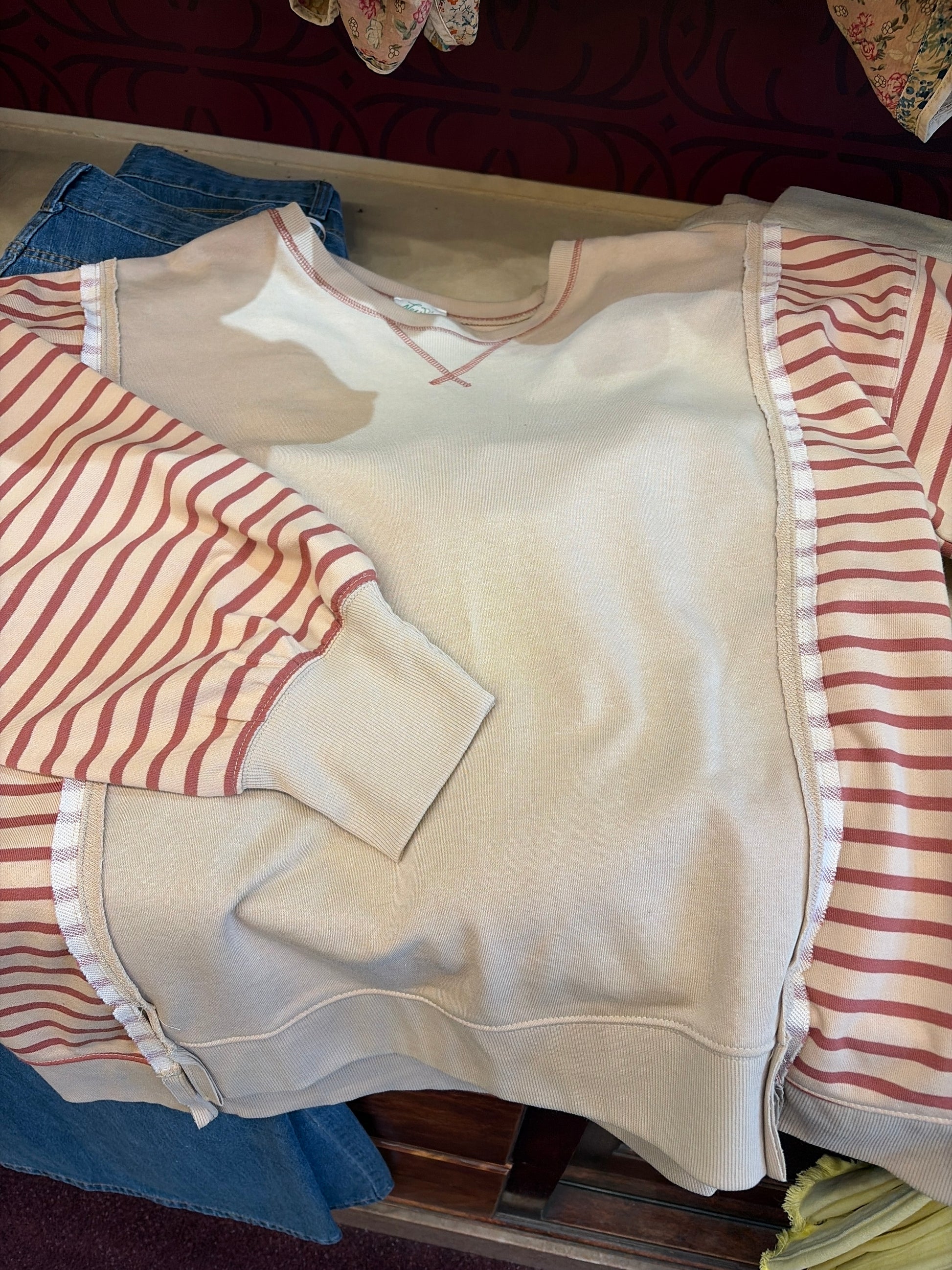 Very J striped Griz sweatshirt featuring a cozy, casual design with horizontal gray and white stripes.