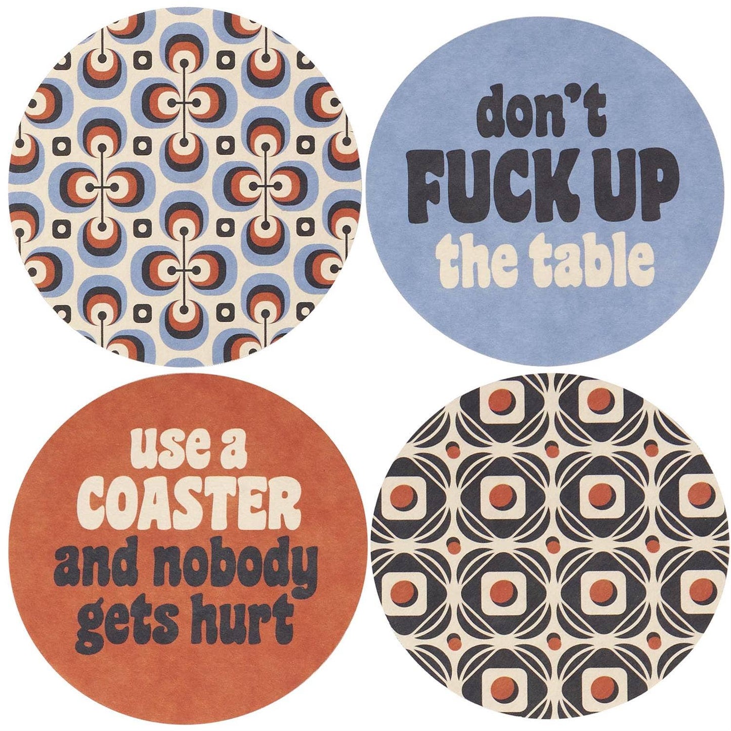 Set of Questionables Use A Coaster drinking and barware coasters with colorful designs on a wooden table.
