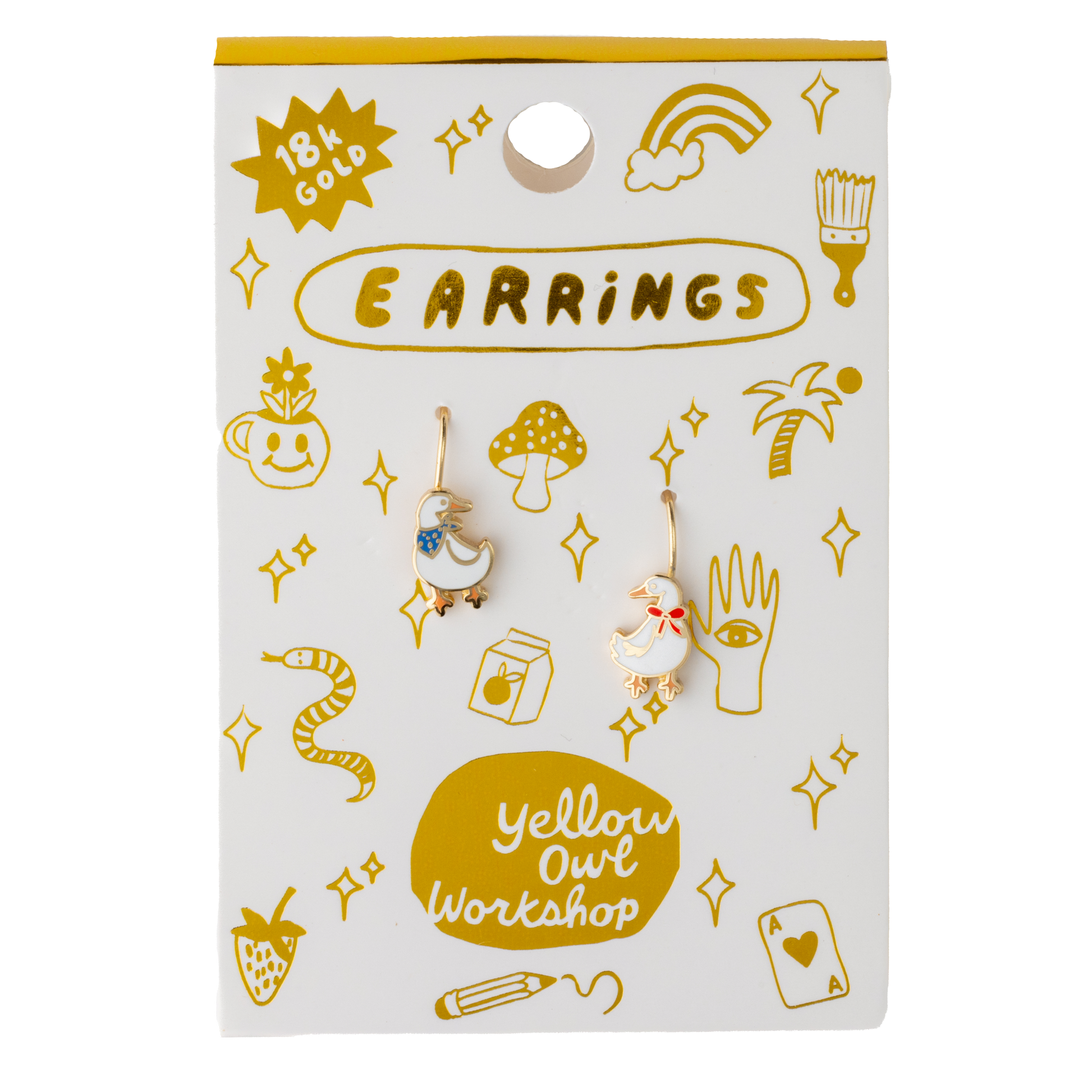 Yellow Owl Workshop duck earrings with colorful, whimsical design featuring playful duck shapes on silver hooks.