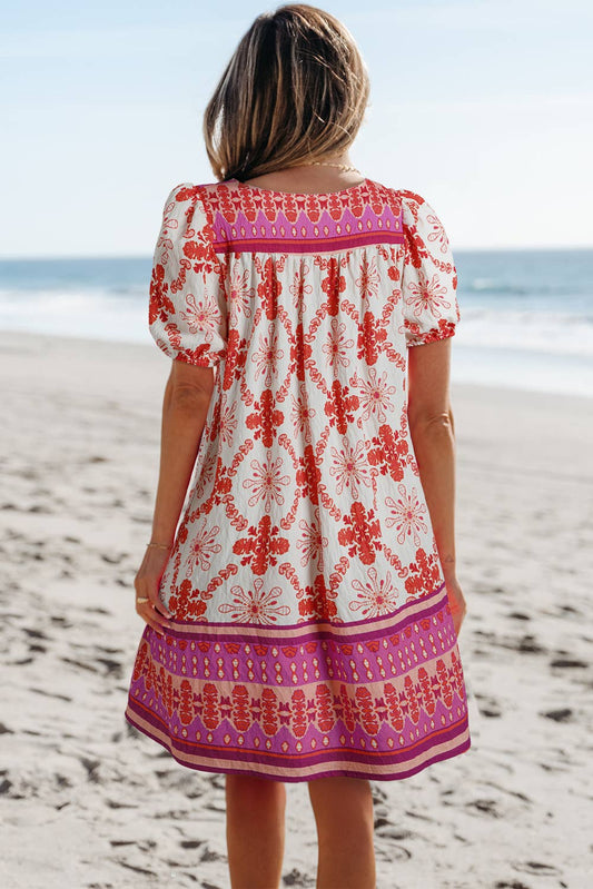 LDC Boho Floral Short Sleeve Lace-up V Neck Mini Dress