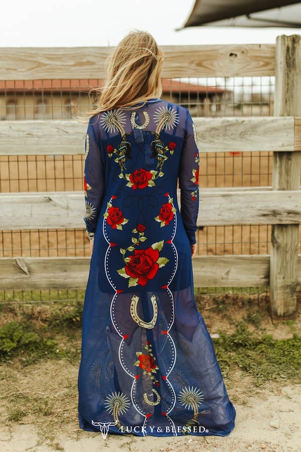 Denim Blue Floral Spur Mesh Button Down Maxi Duster