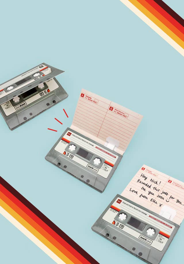 Cassette tape greeting card by SUCK UK Ltd with space to record and send personalized message, featuring retro cassette design.
