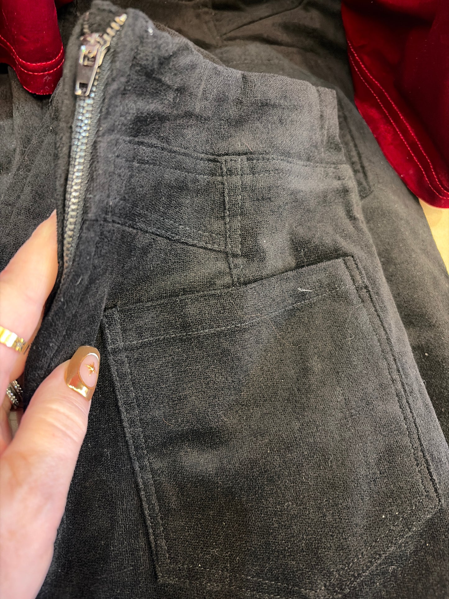 Very J National Velvet Pants shown in a relaxed fit with a smooth velvet texture and classic style.