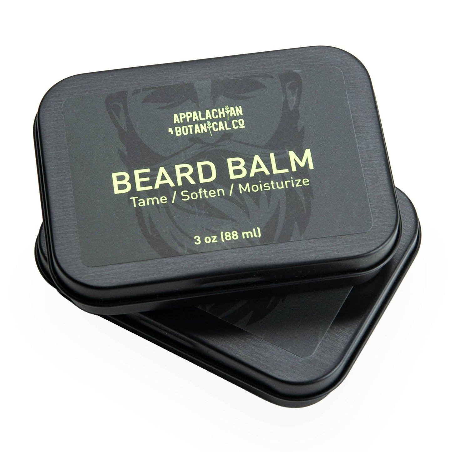 Men's grooming beard balm by Appalachian Botanical Co., natural styling product in a metal tin with a smooth balm texture.