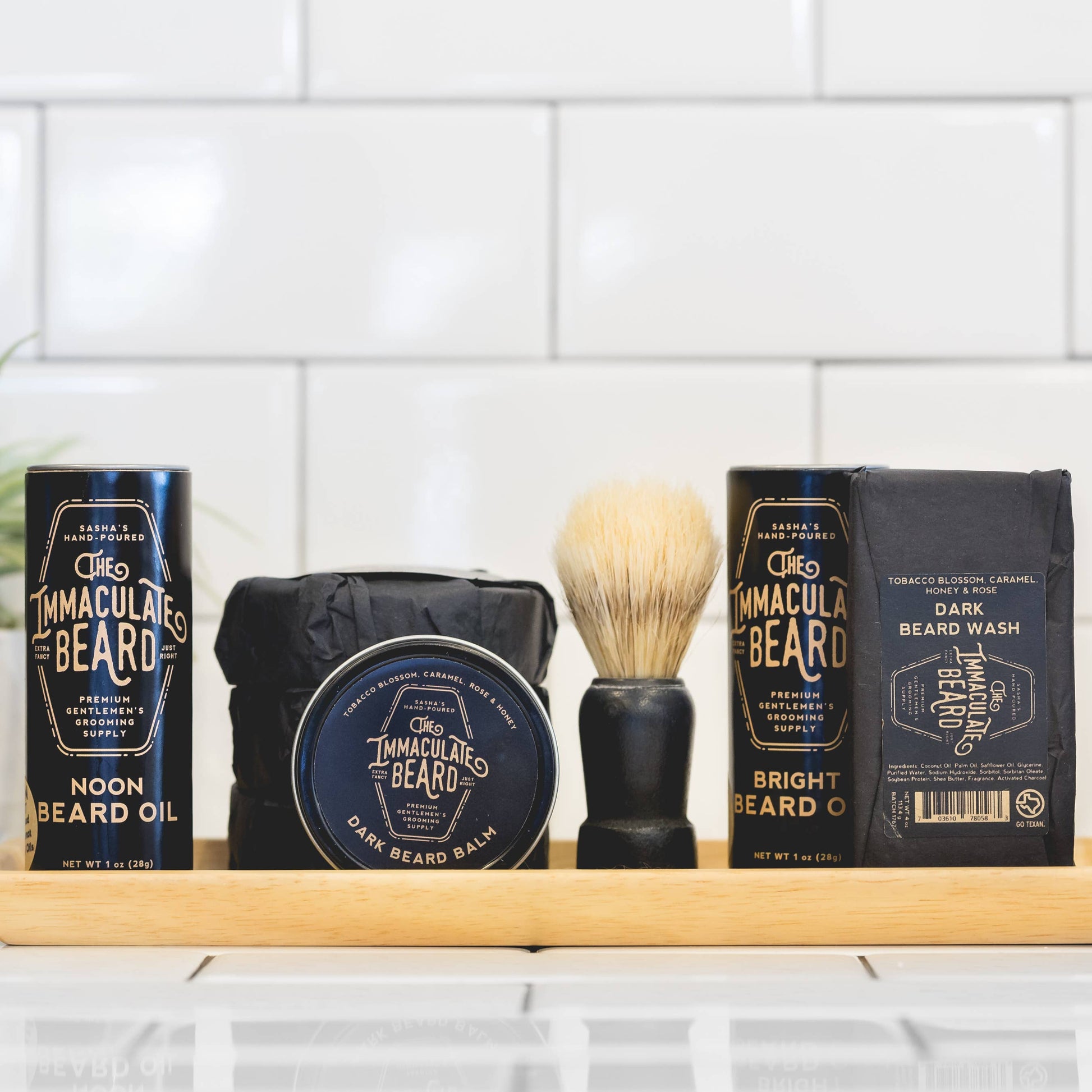 The Immaculate Beard shave soap puck with a smooth, rounded surface in a black container, ready for grooming.