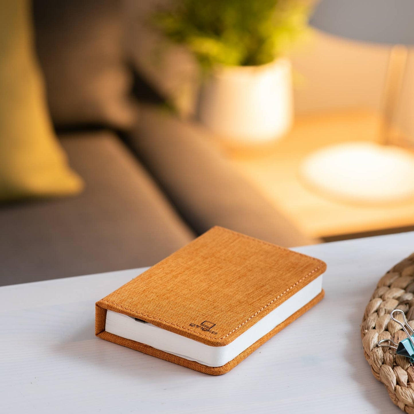 Gingko Design linen fabric smart book light lamp with soft glow and modern design, ideal for reading or ambient lighting.