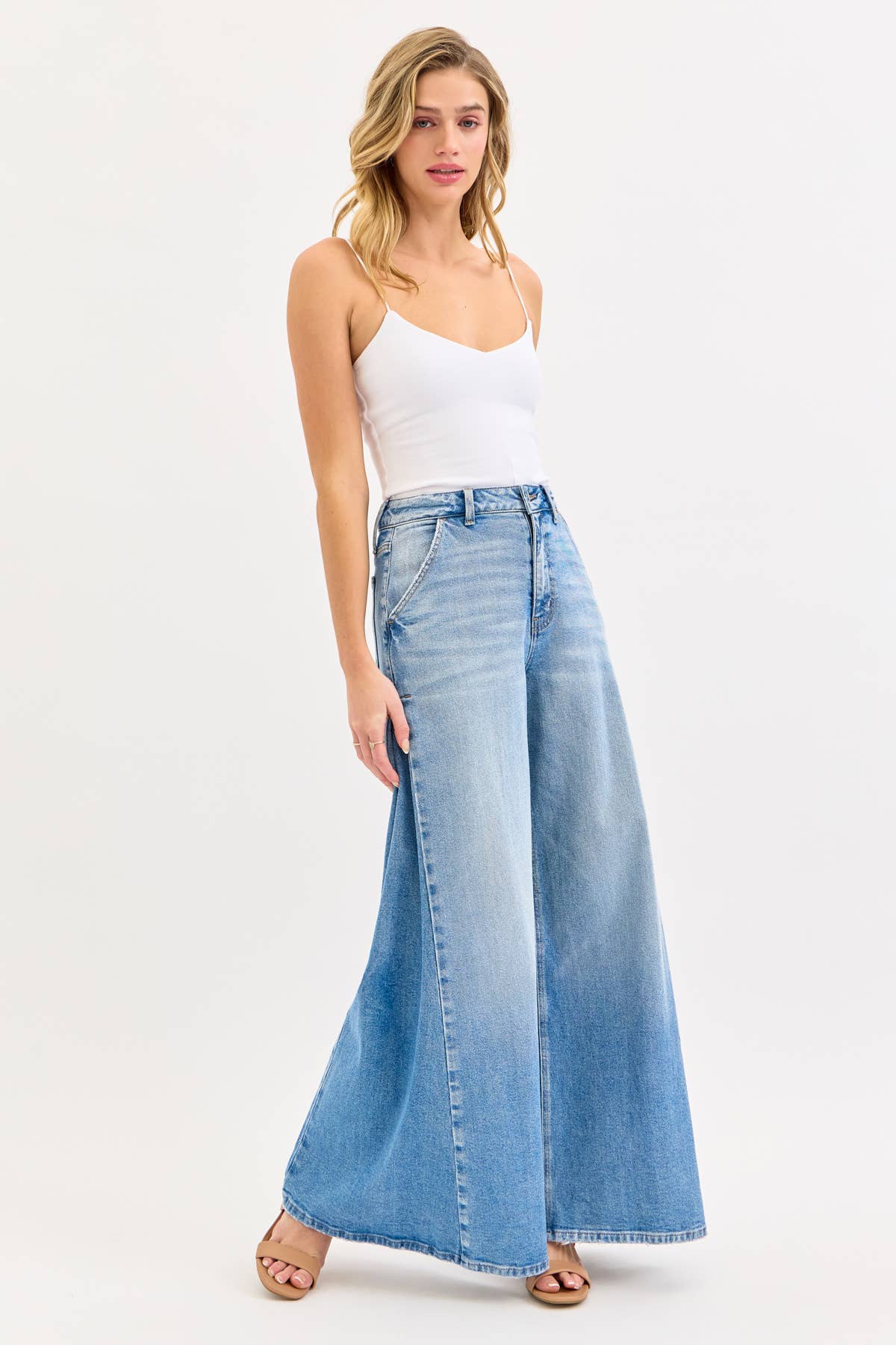 High Rise Wide Leg Jean with Side Triangular Tuck