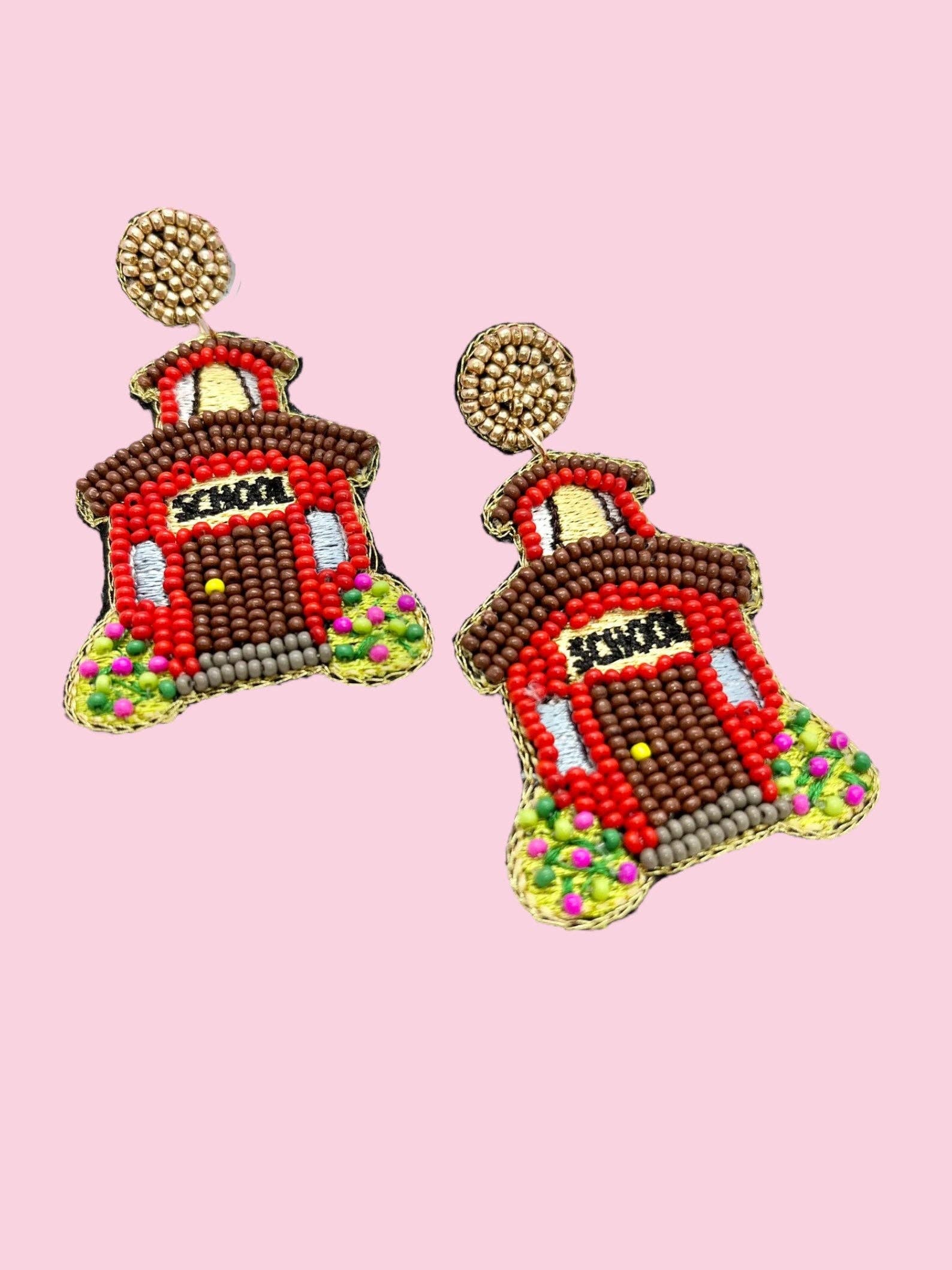 Red beaded earrings from Camel Threads featuring intricate beaded designs, perfect for casual or dressy occasions.