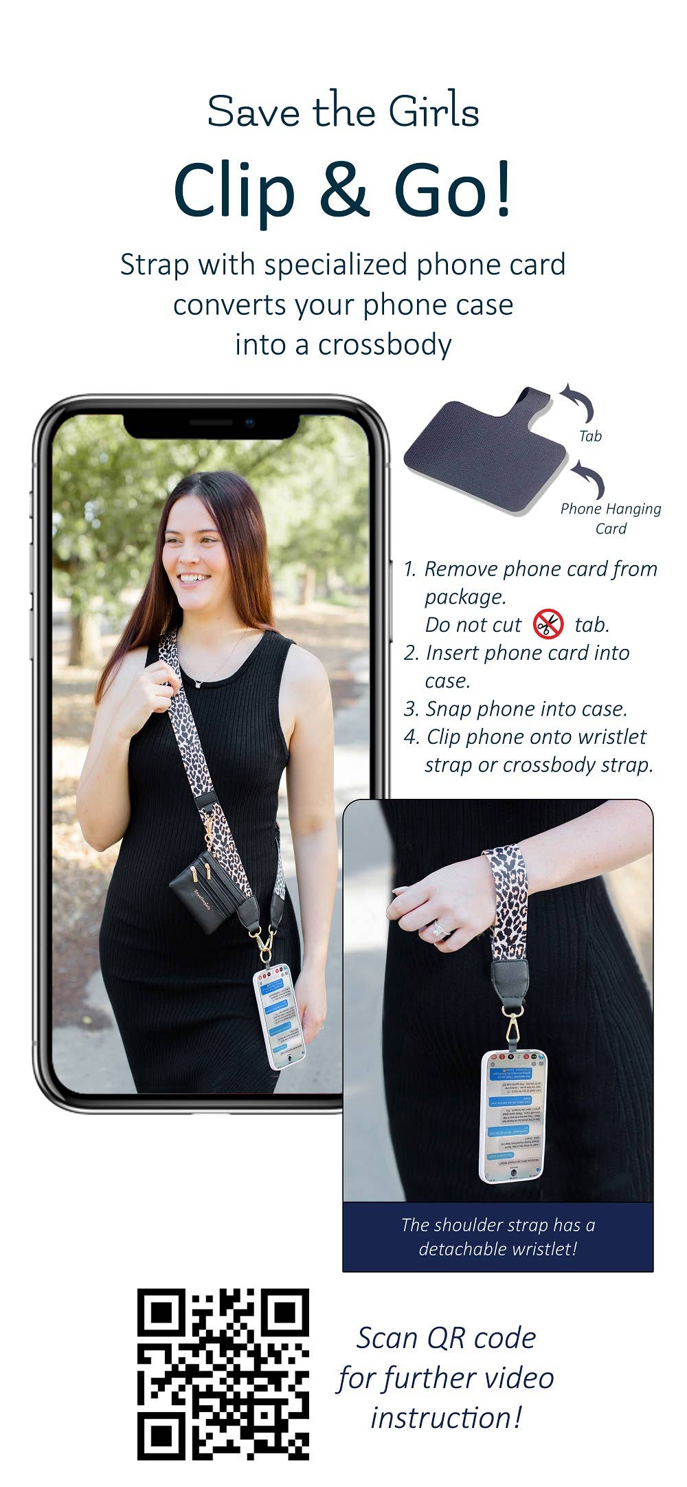Save The Girls Clip & Go crossbody strap with zippered pouch for phones, featuring adjustable strap and convenient storage.