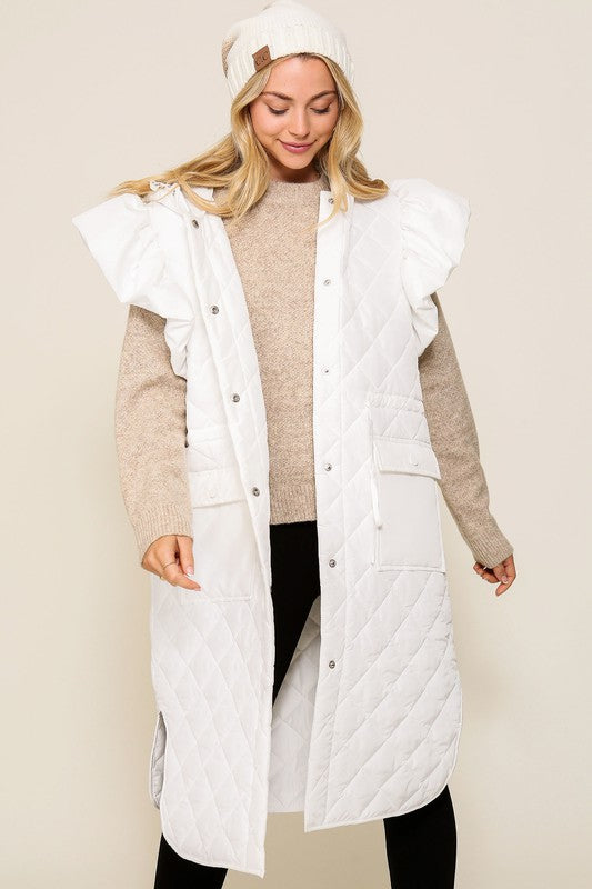 A Sparkling Mess puffer vest with ruffled cap sleeves, featuring a quilted design and lightweight insulation for stylish warmth.