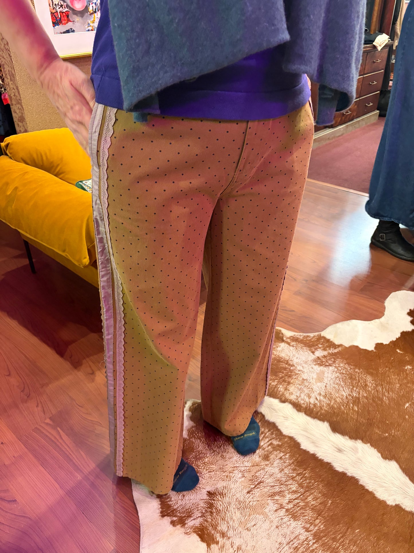 Oddi Polka Dots and Lace Jeans showing a stylish denim pair with polka dot and lace details on a model.