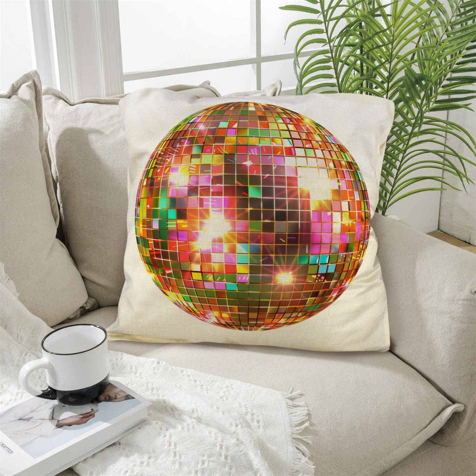 Disco ball pillow case by BAHA RANCH WESTERN WEAR featuring a shiny, reflective disco ball design on soft fabric.