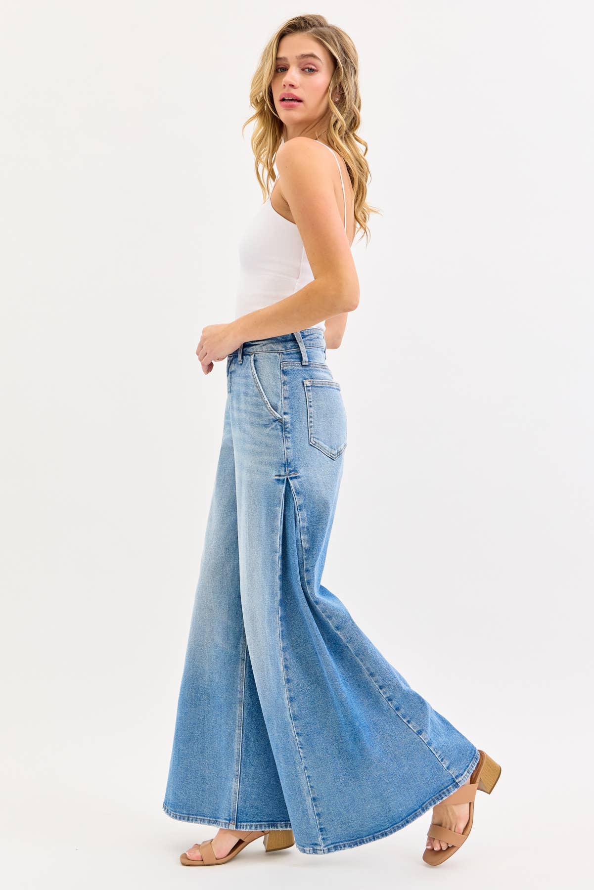 High Rise Wide Leg Jean with Side Triangular Tuck