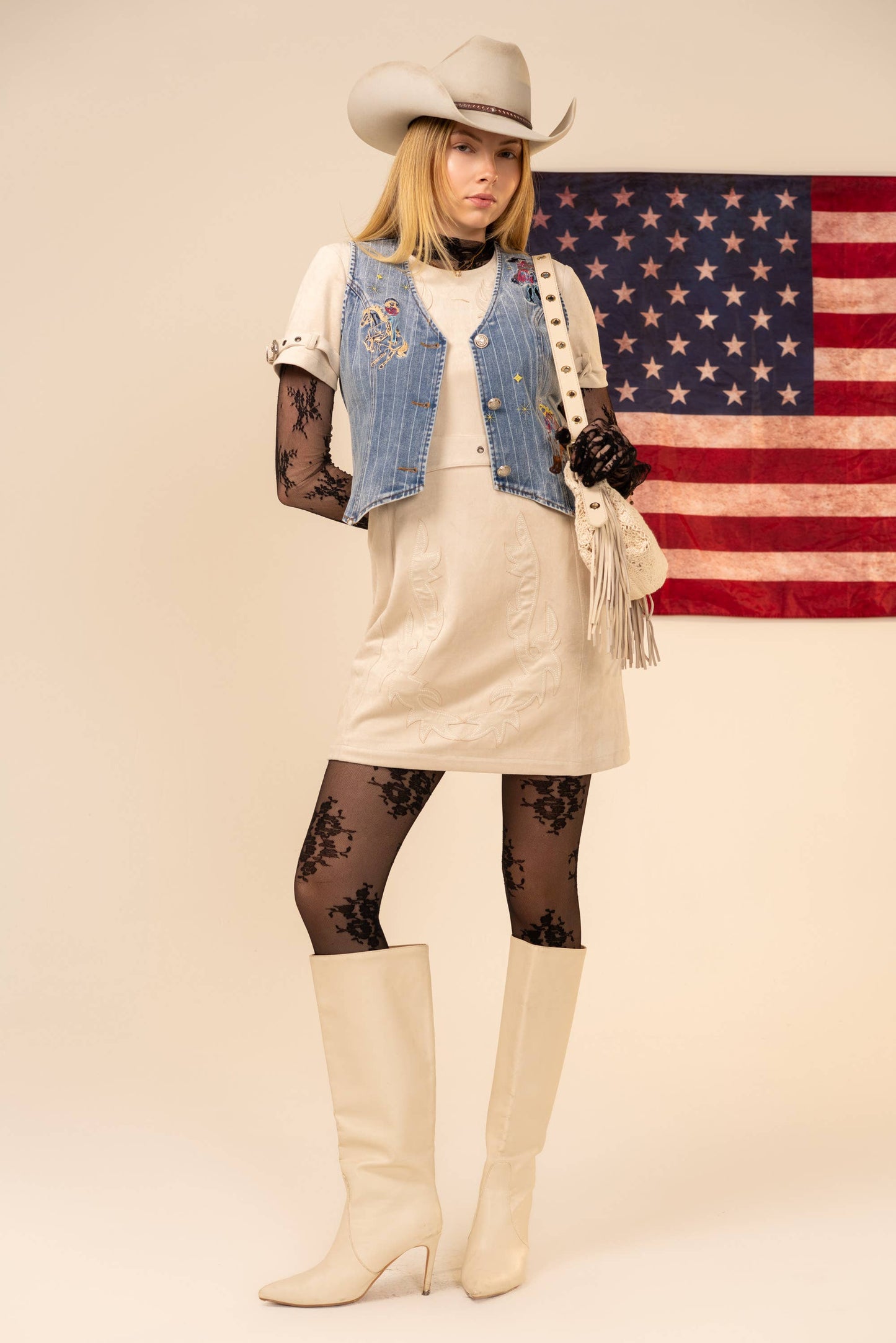 Pinstripe Embroidered Denim Vest