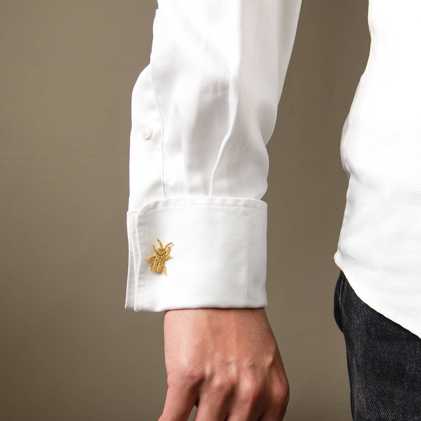 Golden embroidered brooch pins featuring three small bug designs, perfect for plant lovers and botanical-themed accessories.