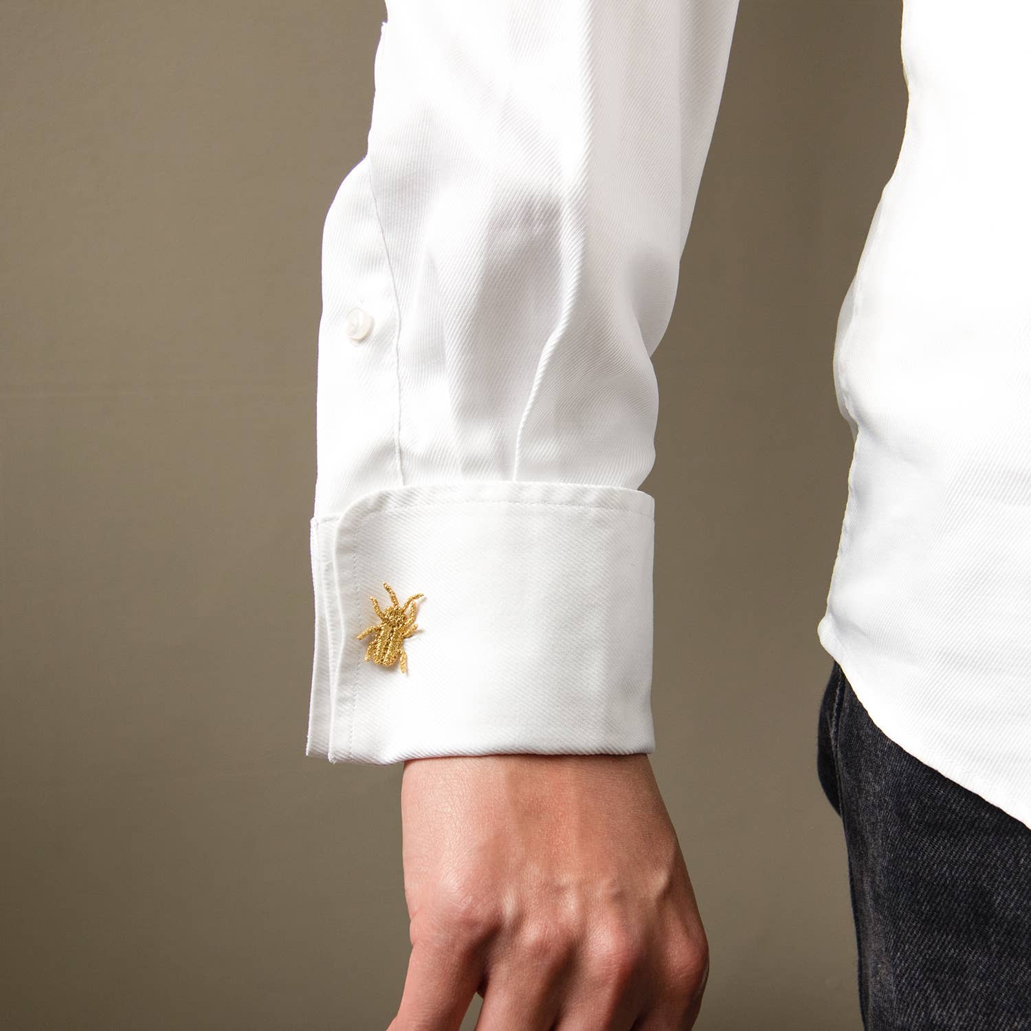 Golden embroidered brooch pins featuring three small bug designs, perfect for plant lovers and botanical-themed accessories.