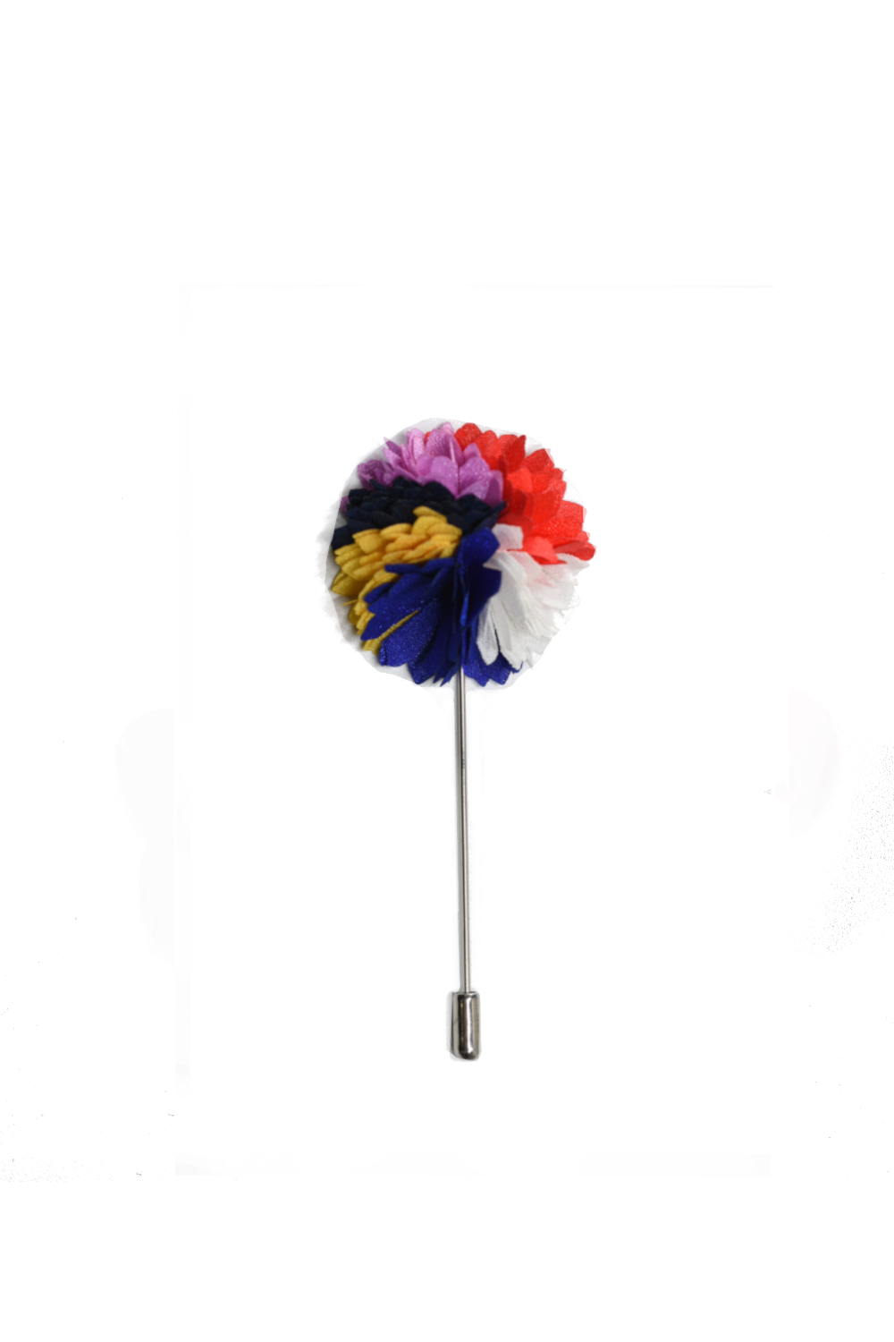 Multi-color satin floral lapel pin by Curated Basics featuring vibrant embroidered flower design on shiny satin fabric.
