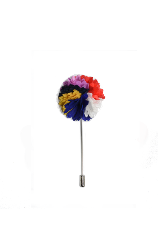 Multi-color satin floral lapel pin by Curated Basics featuring vibrant embroidered flower design on shiny satin fabric.