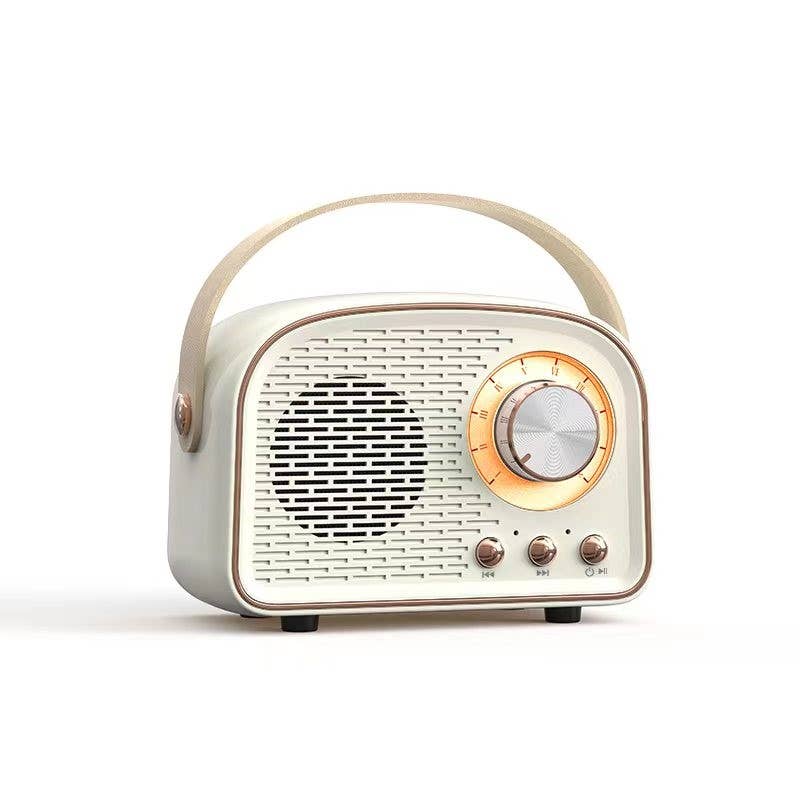Tech Trendz Retro Bluetooth Speaker with vintage design, compact size, and built-in controls for portable wireless audio playback.