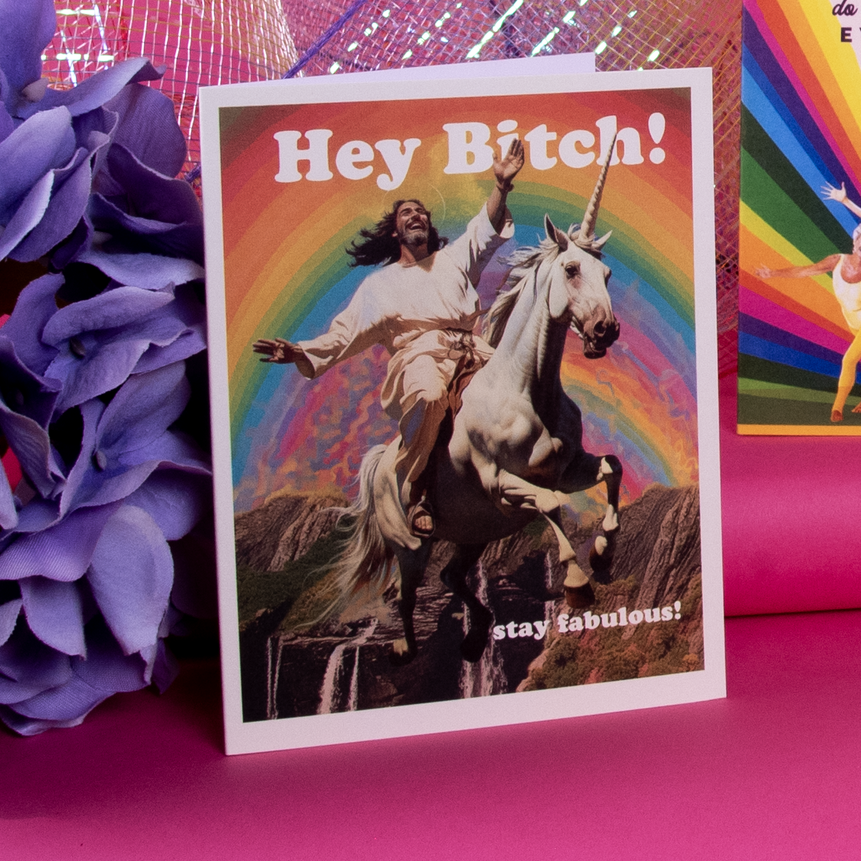 Offensivedelightful Jesus Bitch stay fabulous! birthday card featuring bold, colorful text on a decorative card design.