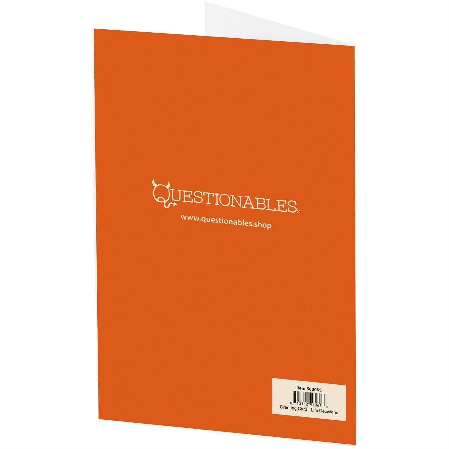 Questionables Life Decisions greeting card featuring humorous illustrations on high-quality card stock.