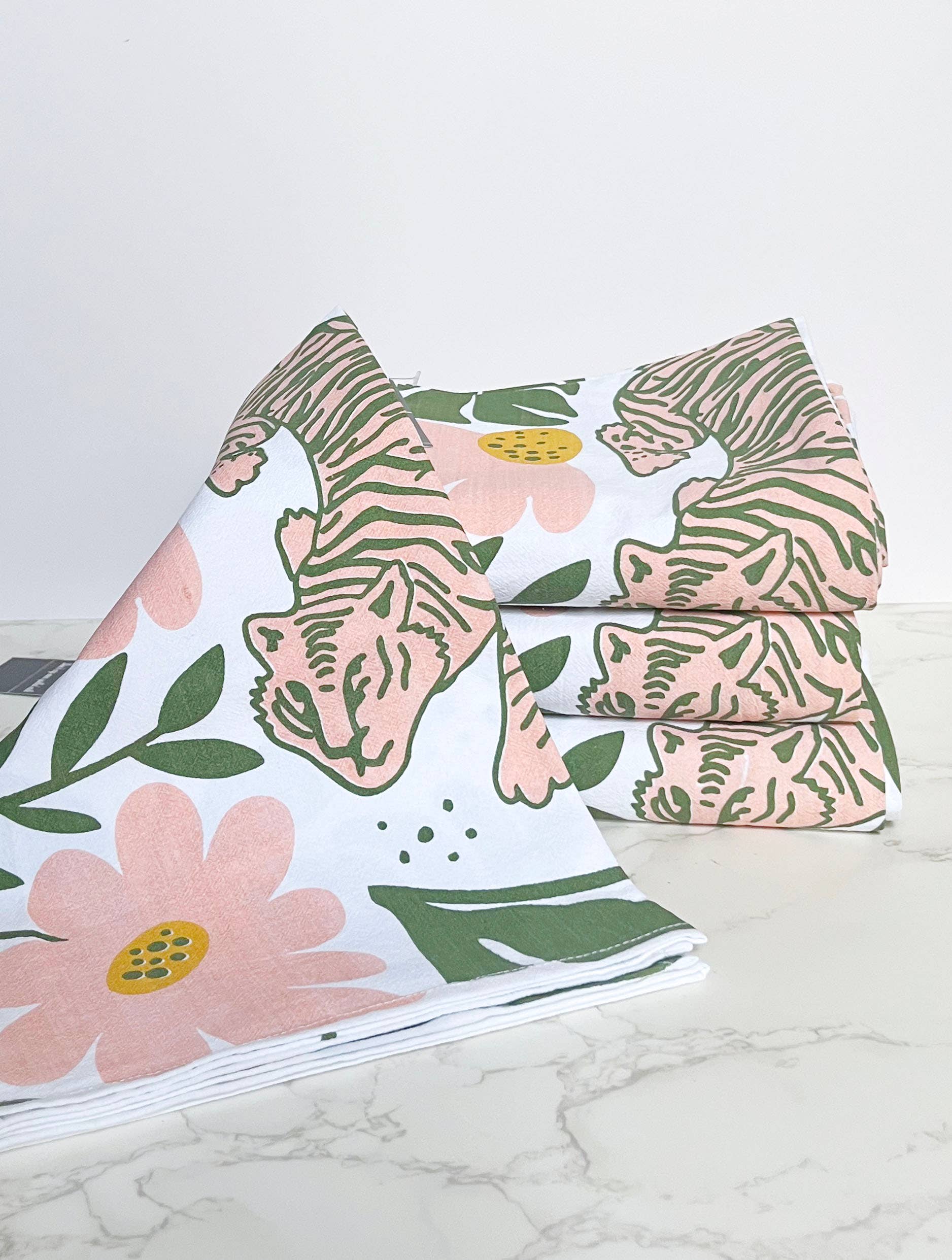 Tiger floral tea towel from The Coin Laundry featuring modern boho pink and green flower design, ideal for kitchen decor.