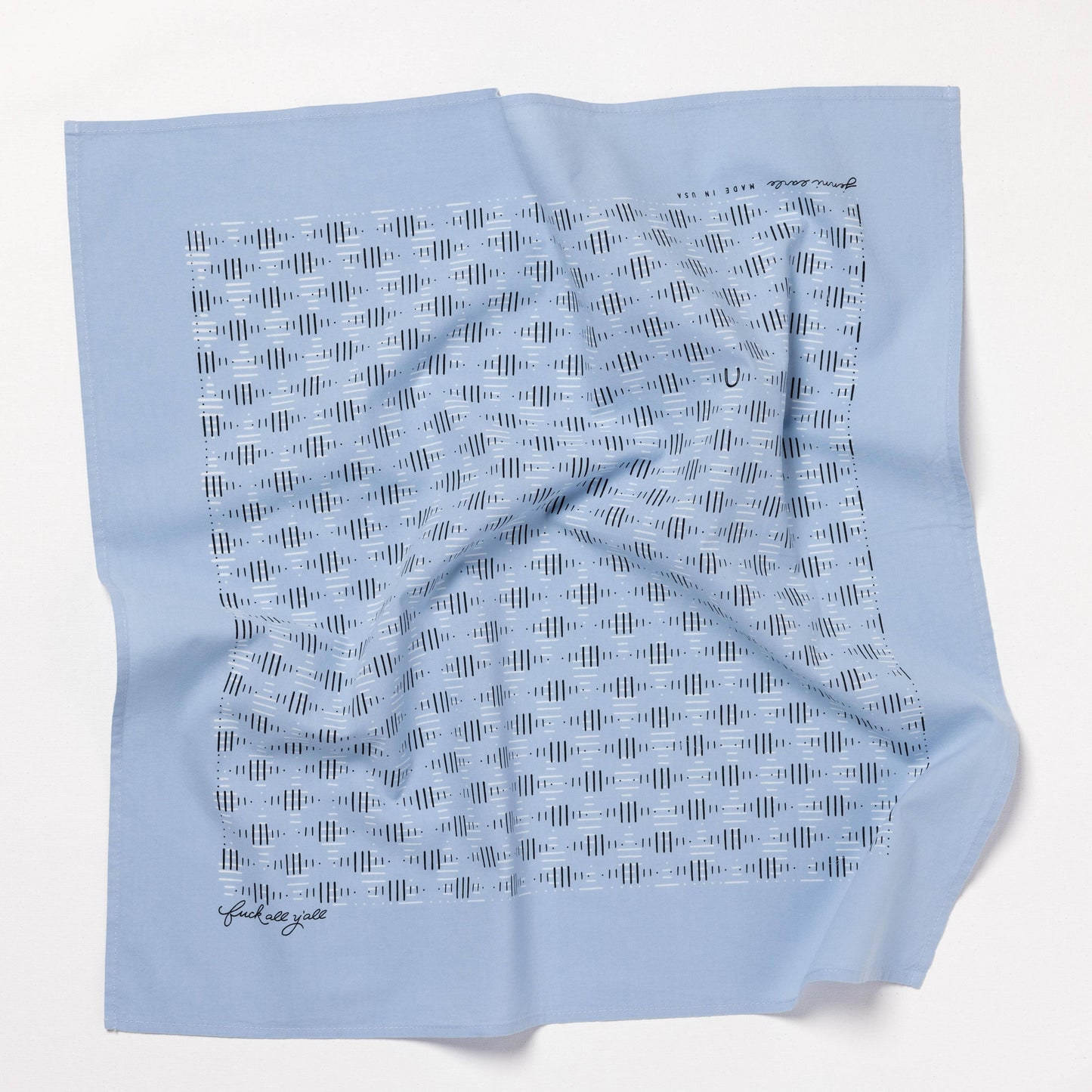 Jenni Earle "Fuck All Y'all" bandana with bold black text on white fabric, featuring classic paisley pattern around the edges.