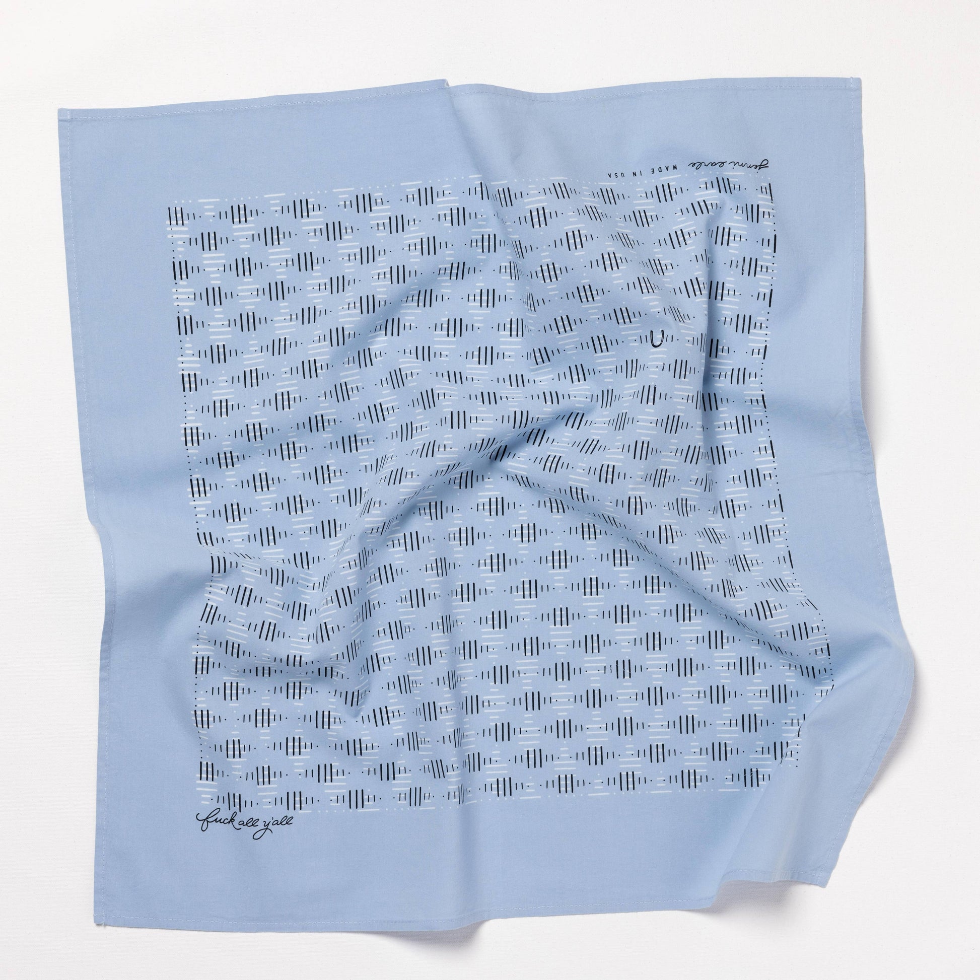 Jenni Earle "Fuck All Y'all" bandana with bold black text on white fabric, featuring classic paisley pattern around the edges.