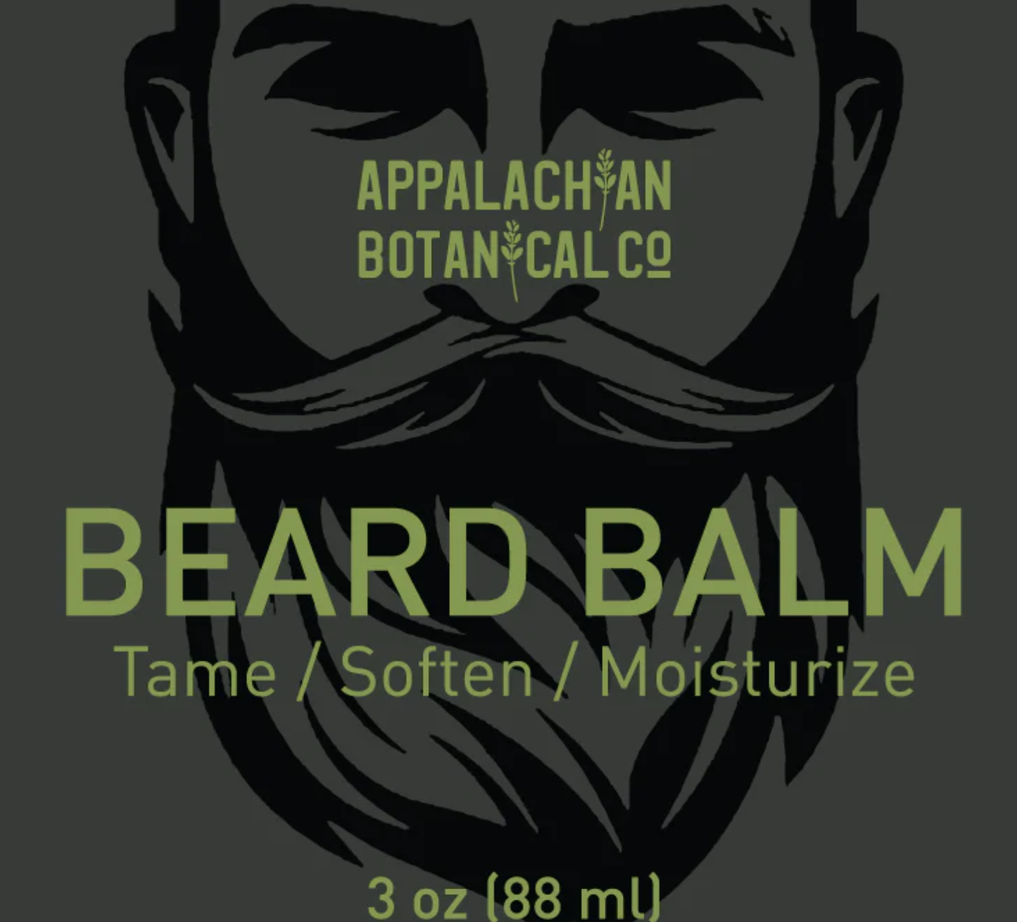 Men's grooming beard balm by Appalachian Botanical Co. in a metal tin with a natural, earthy label and a wooden beard comb beside it.