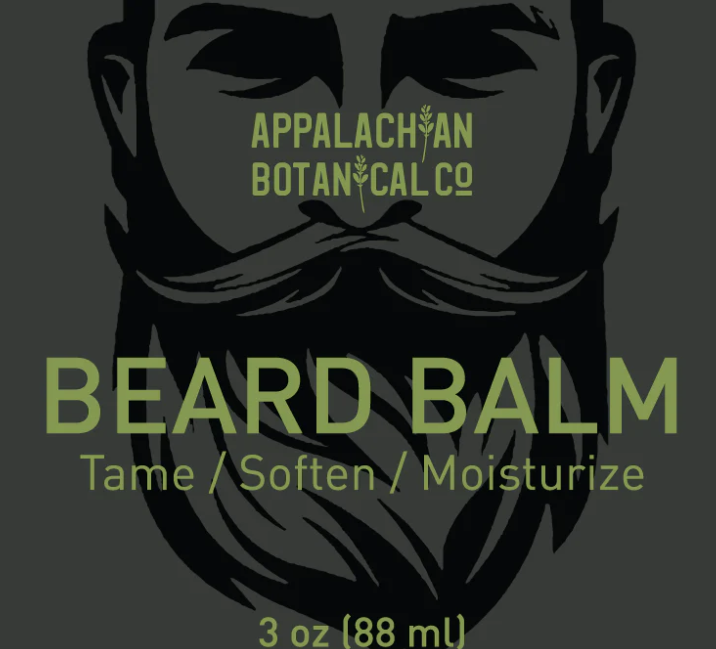 Men's grooming beard balm by Appalachian Botanical Co. in a metal tin with a natural, earthy label and a wooden beard comb beside it.