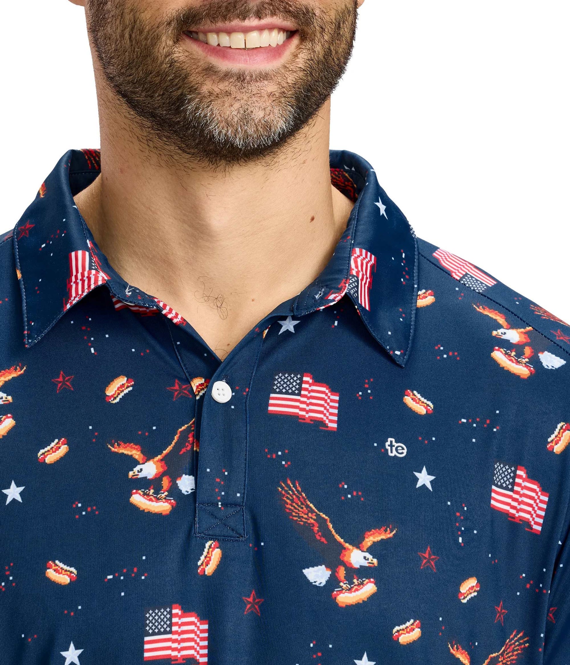 Men's 8-bit Eagle Golf Polo by Tipsy Elves featuring patriotic American flag design on a golf shirt.
