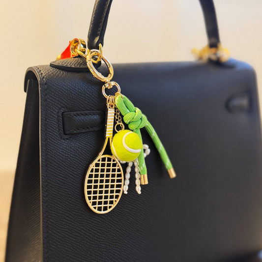 Match Point Tennis Bag Charm – Sporty Gold & Neon Pop with Racket and Ribbon Details