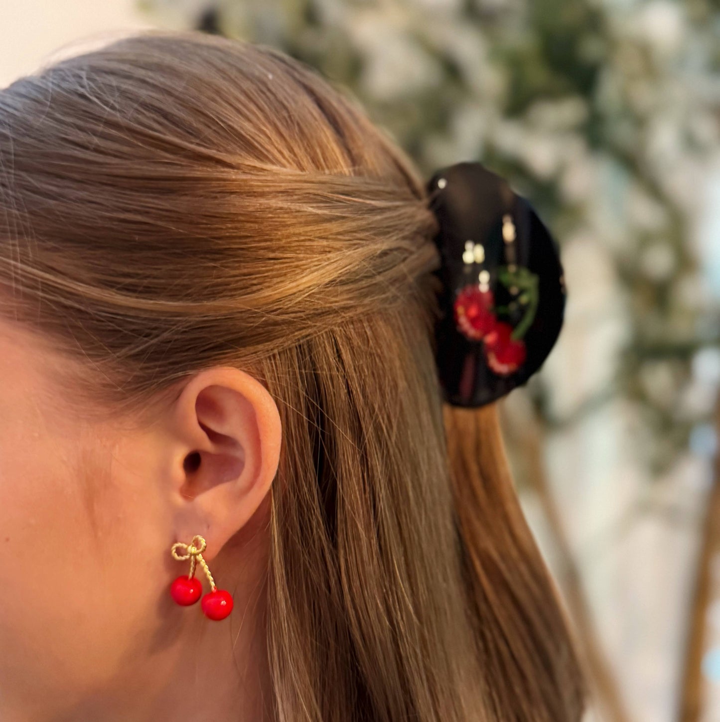 Ellison+Young bow and cherry earrings featuring delicate cherry charms and bow accents, stylish jewelry for everyday wear.