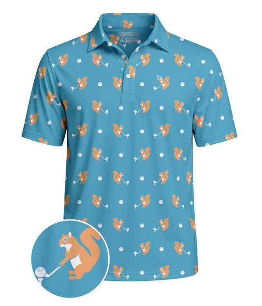 Tipsy Elves men's golf polo shirt with fun squirrel print, casual short-sleeve golf shirt for men with vibrant design.