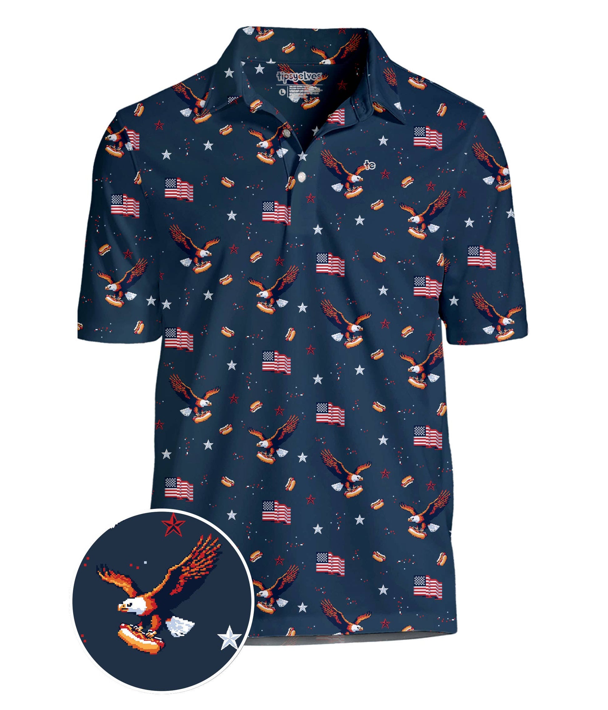 Men's 8-Bit Eagle Golf Polo by Tipsy Elves, patriotic America-themed golf shirt with bold eagle design on the front.