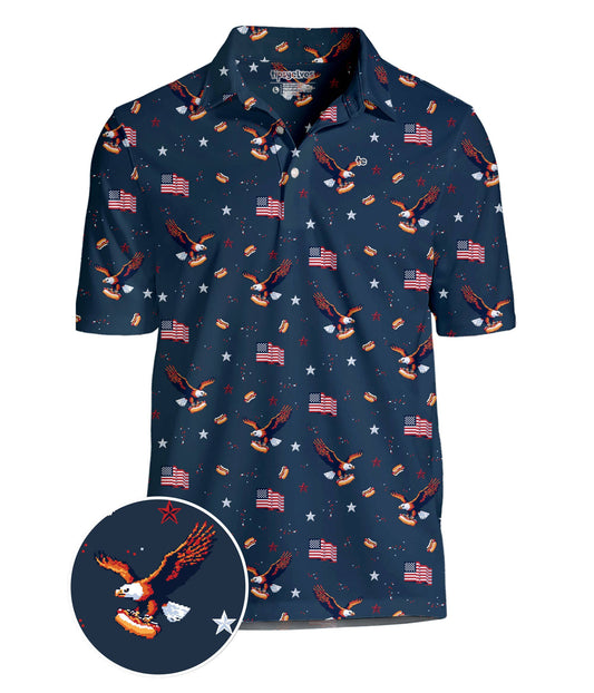 Men's 8-Bit Eagle Golf Polo by Tipsy Elves, patriotic America-themed golf shirt with bold eagle design on the front.
