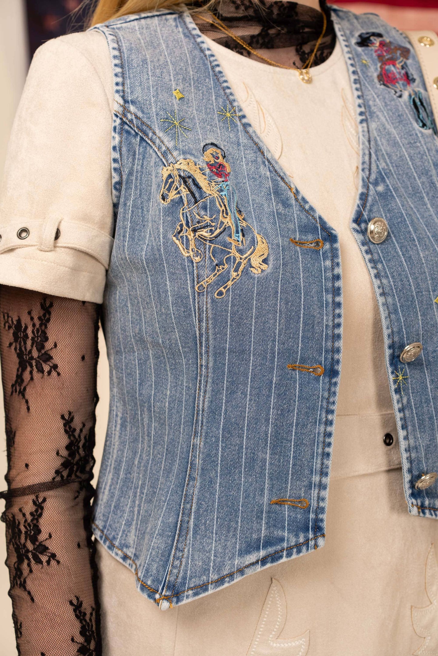 Pinstripe Embroidered Denim Vest