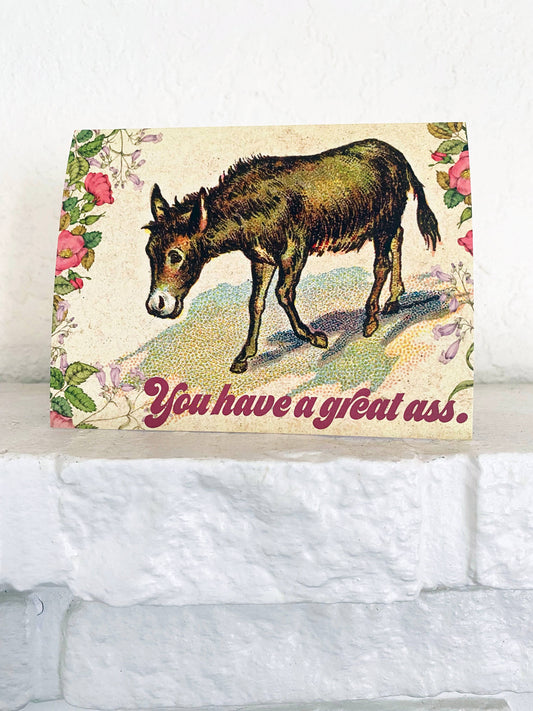 A humorous greeting card from The Coin Laundry featuring the phrase "You Have a Great Ass" for love, friendship, and encouragement.