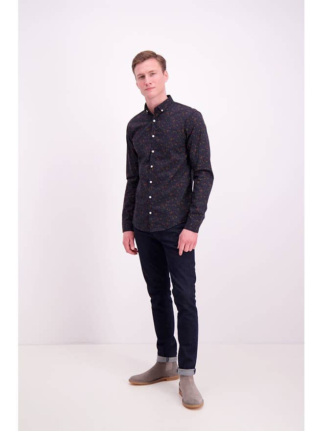 Men's Lindbergh long-sleeve dress shirt with ditsy floral print, featuring a classic collar and button-up front.