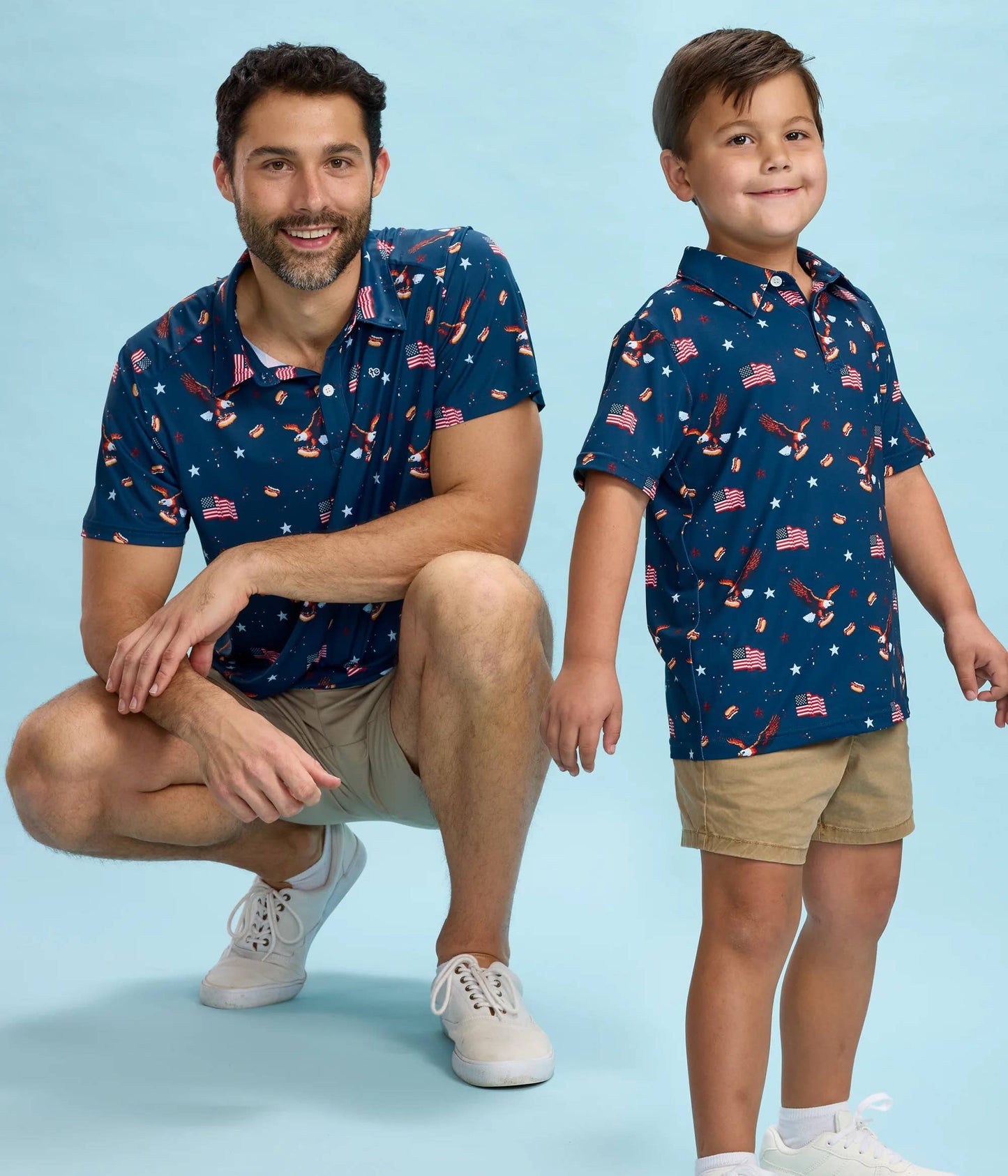 Men's 8-bit Eagle golf polo shirt by Tipsy Elves featuring patriotic American flag design for golf or casual wear.