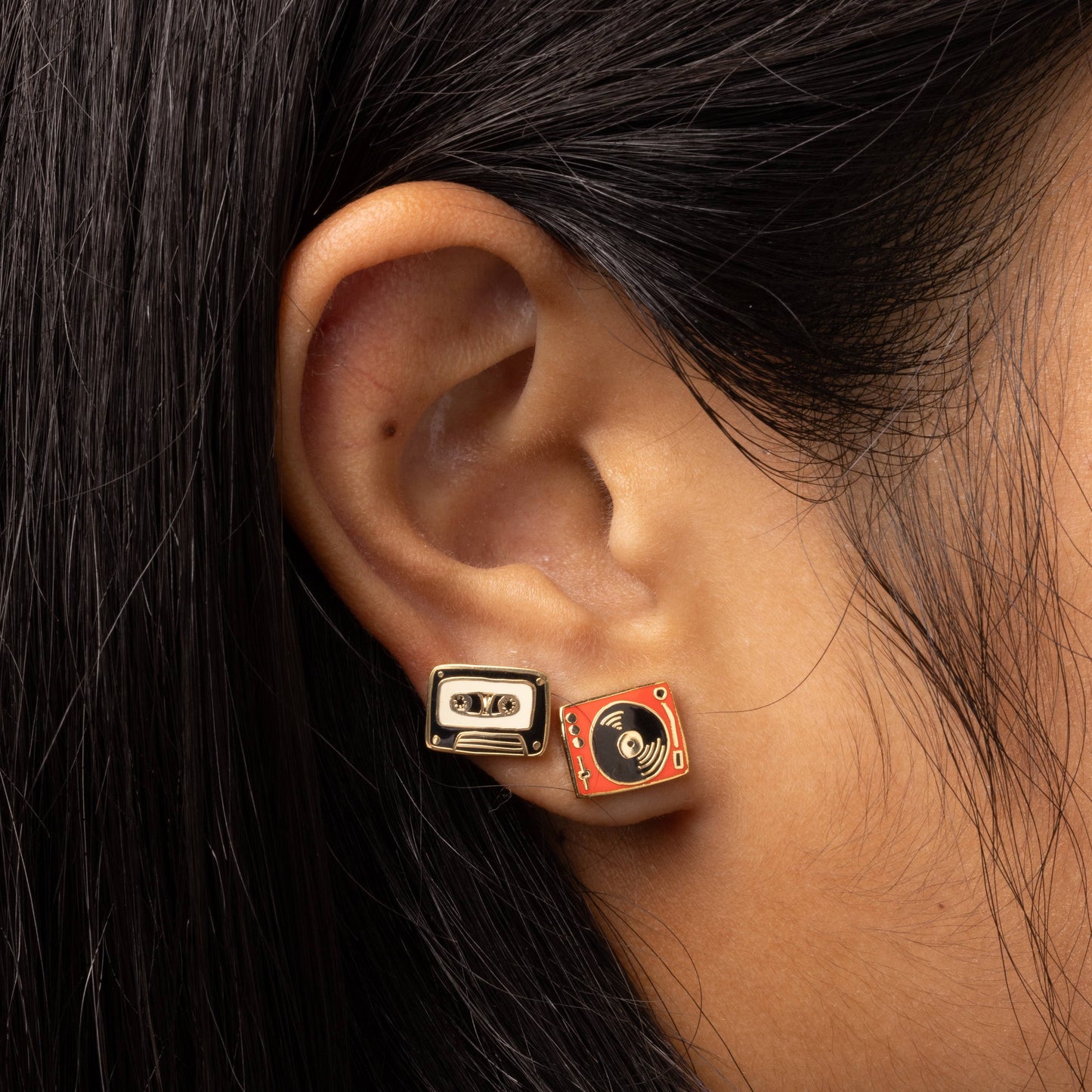 Yellow Owl Workshop record player and tape earrings, lightweight dangle jewelry featuring vintage music design.