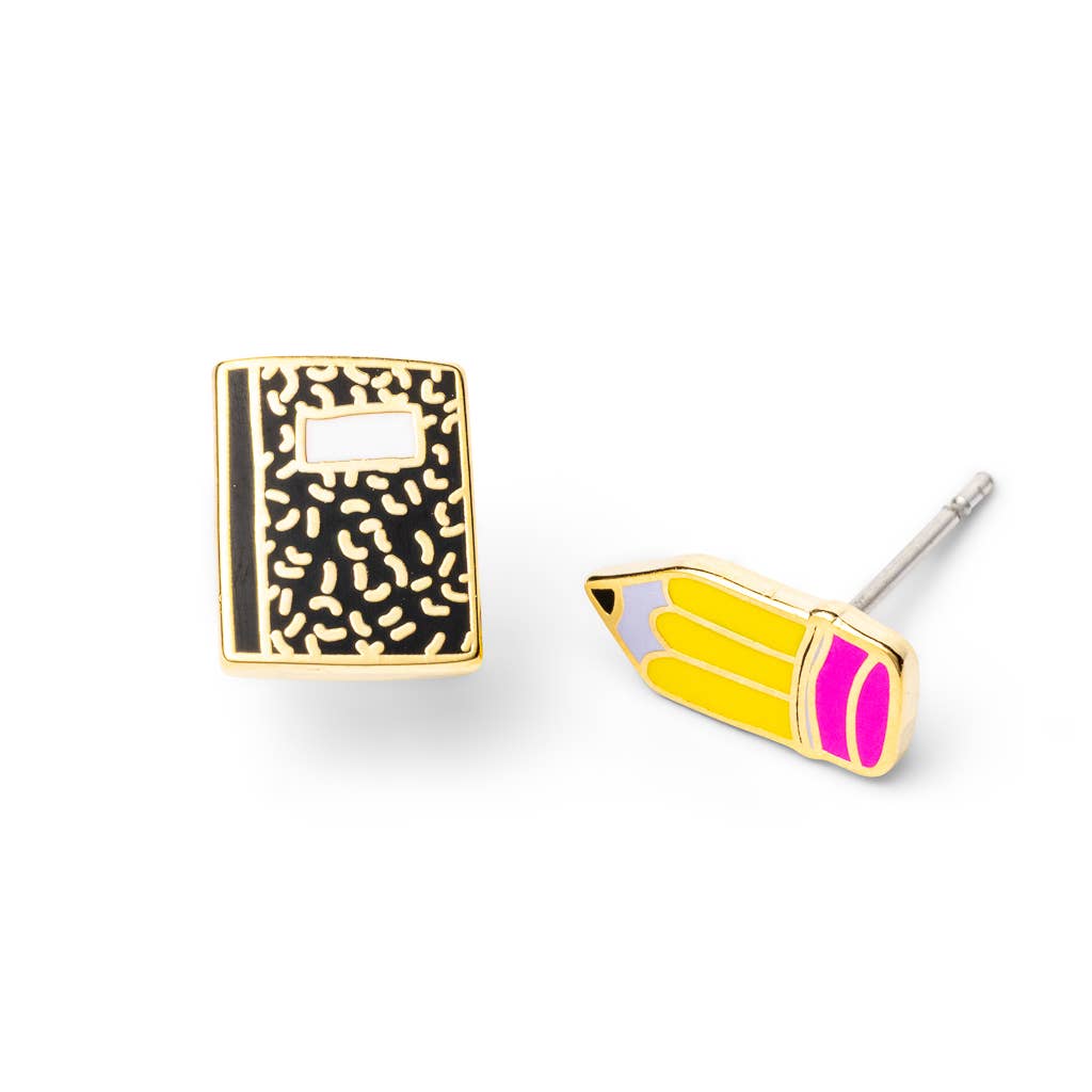 Gold Pencil and Composition Notebook earrings by Yellow Owl Workshop, teacher-themed stud earrings with detailed design.