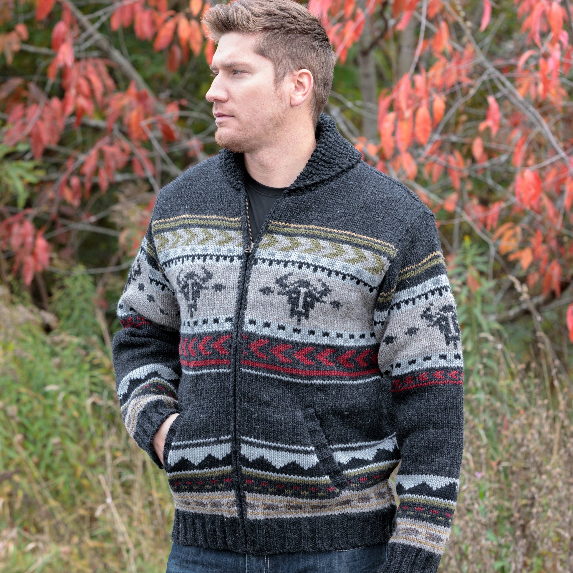 Yellowstone Heritage Wool Sweater Jacket by Lost Horizons Knitwear, featuring a cozy knit sweater with a textured pattern and earthy tones.