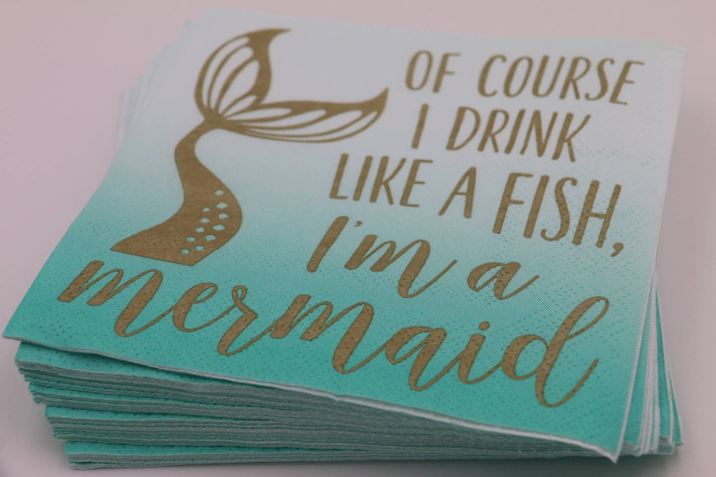 Set of 20 funny mermaid-themed cocktail napkins by Soiree Sisters, featuring playful "I'm a Mermaid" designs for bar and party use.