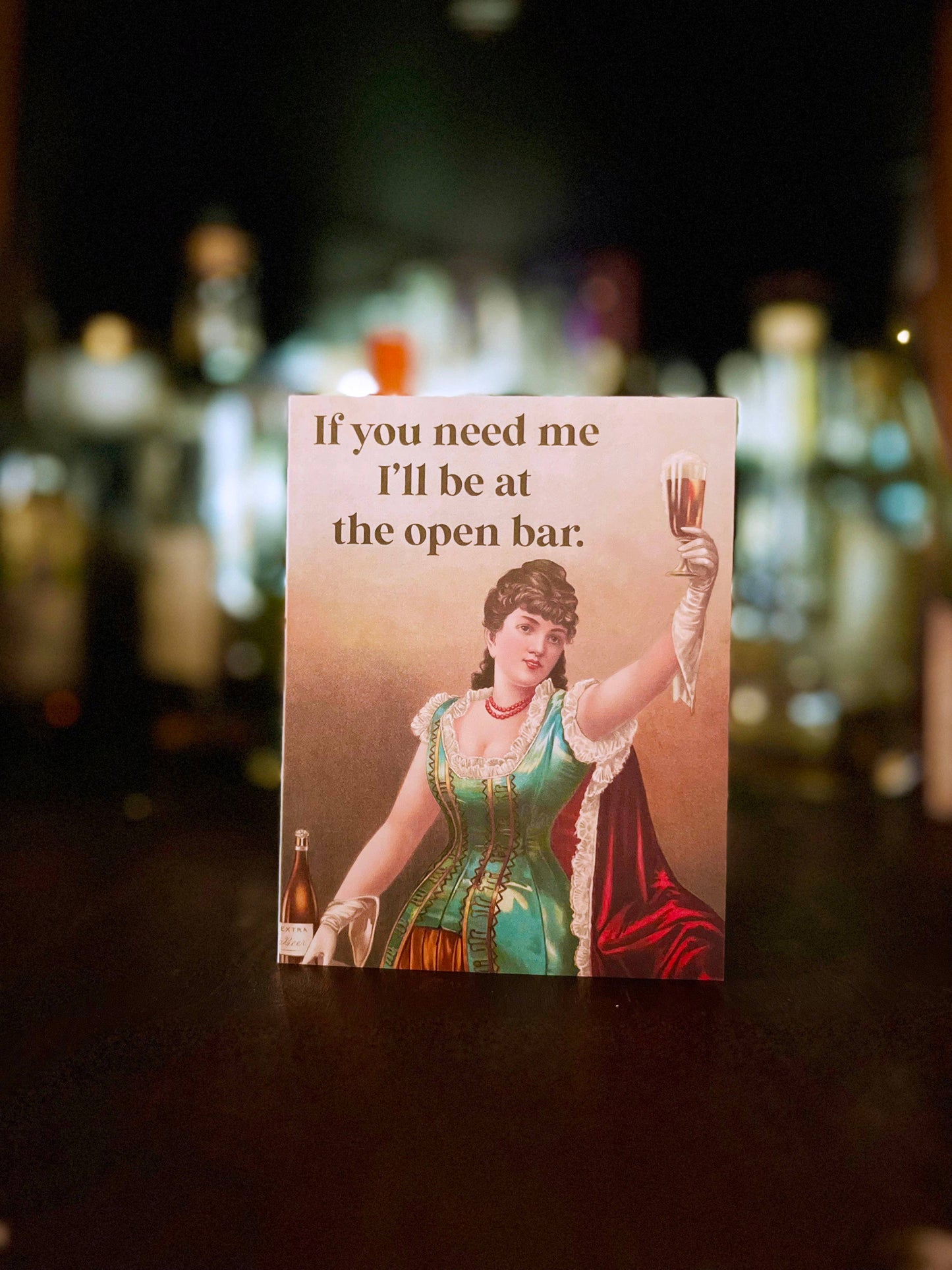 Funny wedding, graduation, or birthday card by The Coin Laundry with "I'll be at the Open Bar" humorous message and colorful design.