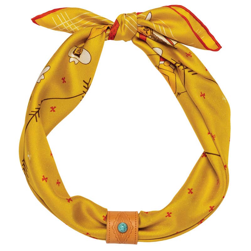 Jenni Earle Buck Up Buckaroo silk scarf bandana with colorful western-inspired print and smooth, silky texture.