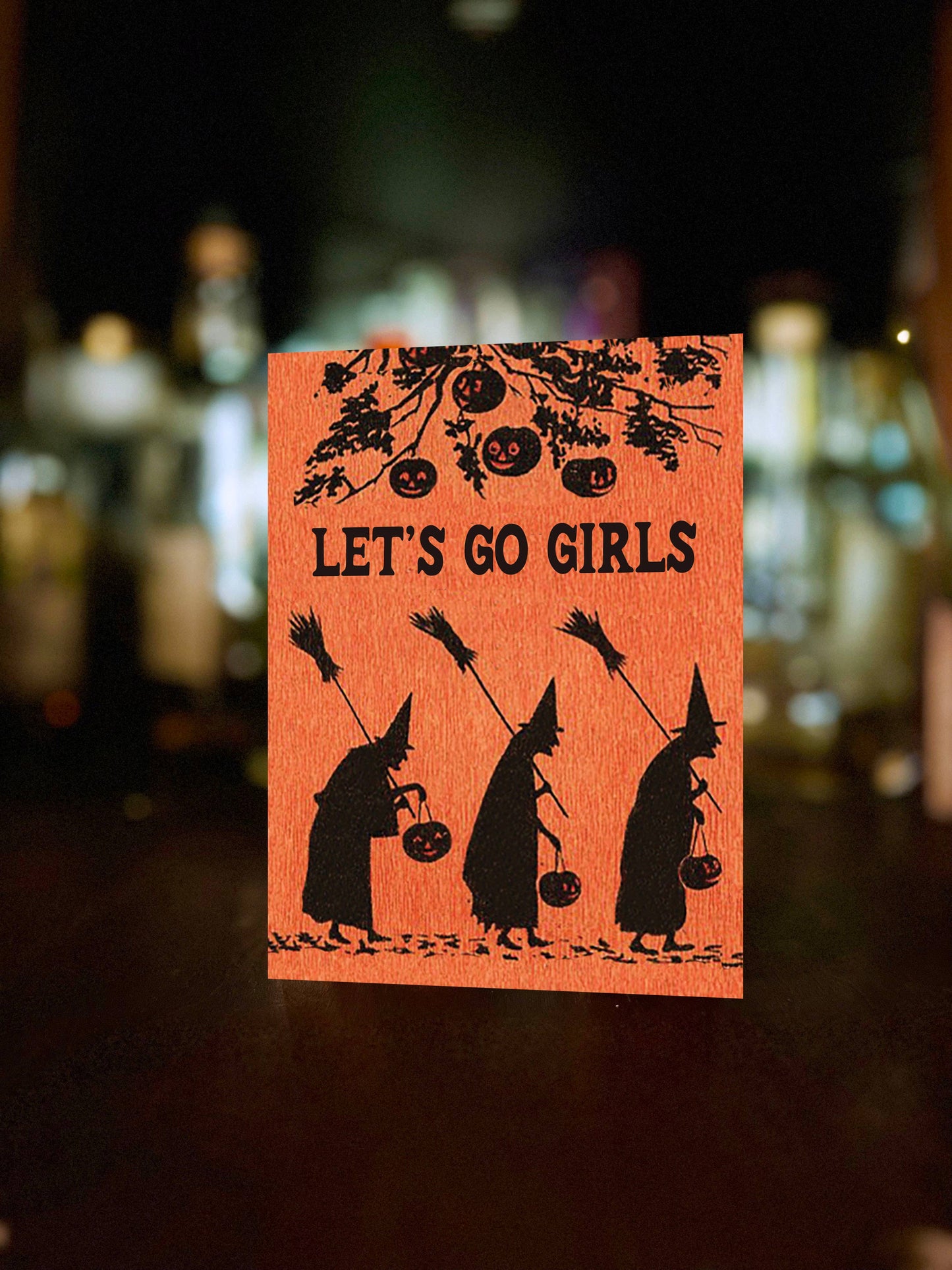 Vintage Witches card from the Let's Go Girls series by The Coin Laundry, featuring colorful witch illustrations on cards.