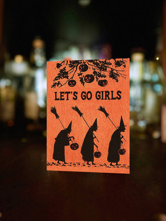 Vintage Witches card from the Let's Go Girls series by The Coin Laundry, featuring colorful witch illustrations on cards.