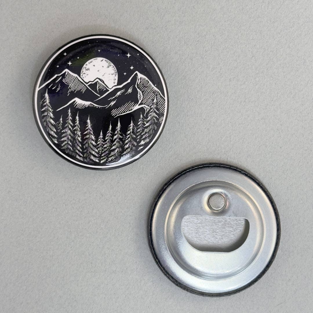 Counter Couture Mountain Bottle Opener keychain, portable rust-resistant metal tool for opening bottles on the go.