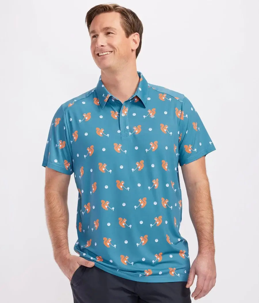 Tipsy Elves men's golf polo shirt featuring a playful squirrel print, casual fit, and vibrant design for outdoor golf activities.